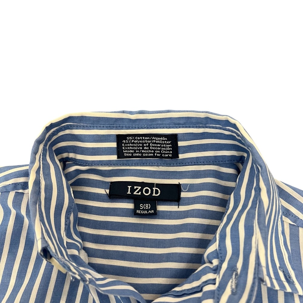 IZOD Boys Long Sleeve Button Down Shirt Size 8 Blue White Stripe Pocket Logo - Picture 4 of 8